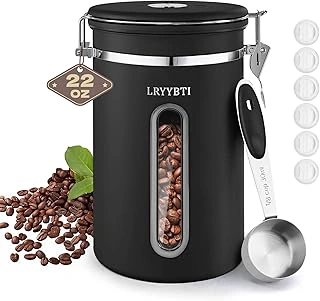 Stainless Steel Airtight Coffee Canister with Window & Scoop (22oz Black)