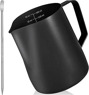Stainless Steel Milk Frother Steamer Pitcher 20 oz with Latte Art Pen, Black