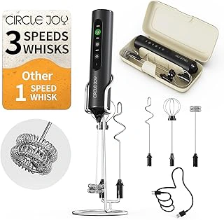 CIRCLE JOY Rechargeable Handheld Milk Frother Wand with Stand, 3 Speeds & 3 Whisks, Black