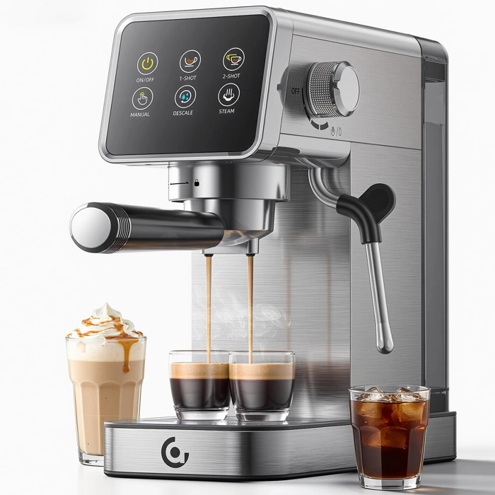 COFIBREWS 20 Bar Espresso Machine with LED Touch Screen, Self-Cleaning, Milk Frother