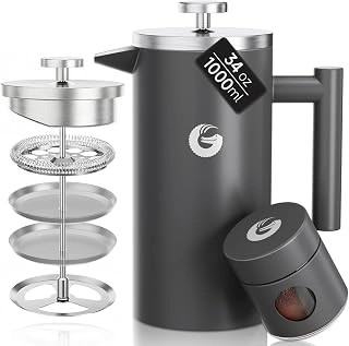 Coffee Gator 34 oz Gray Double Wall French Press with 4-Layer Filter