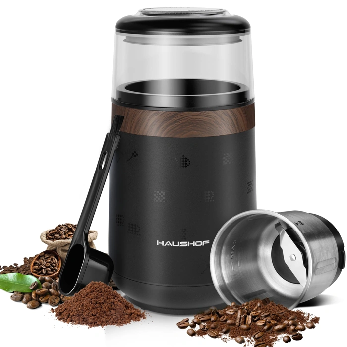 HAUSHOF One-Touch Electric Coffee Grinder with Removable Stainless Steel Bowl